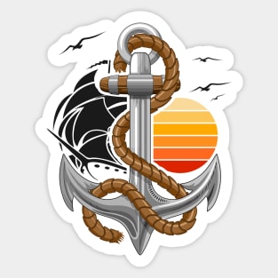 Anchor Marine retro Element with Sun, Sailing Boat and Seagulls Flight Sticker